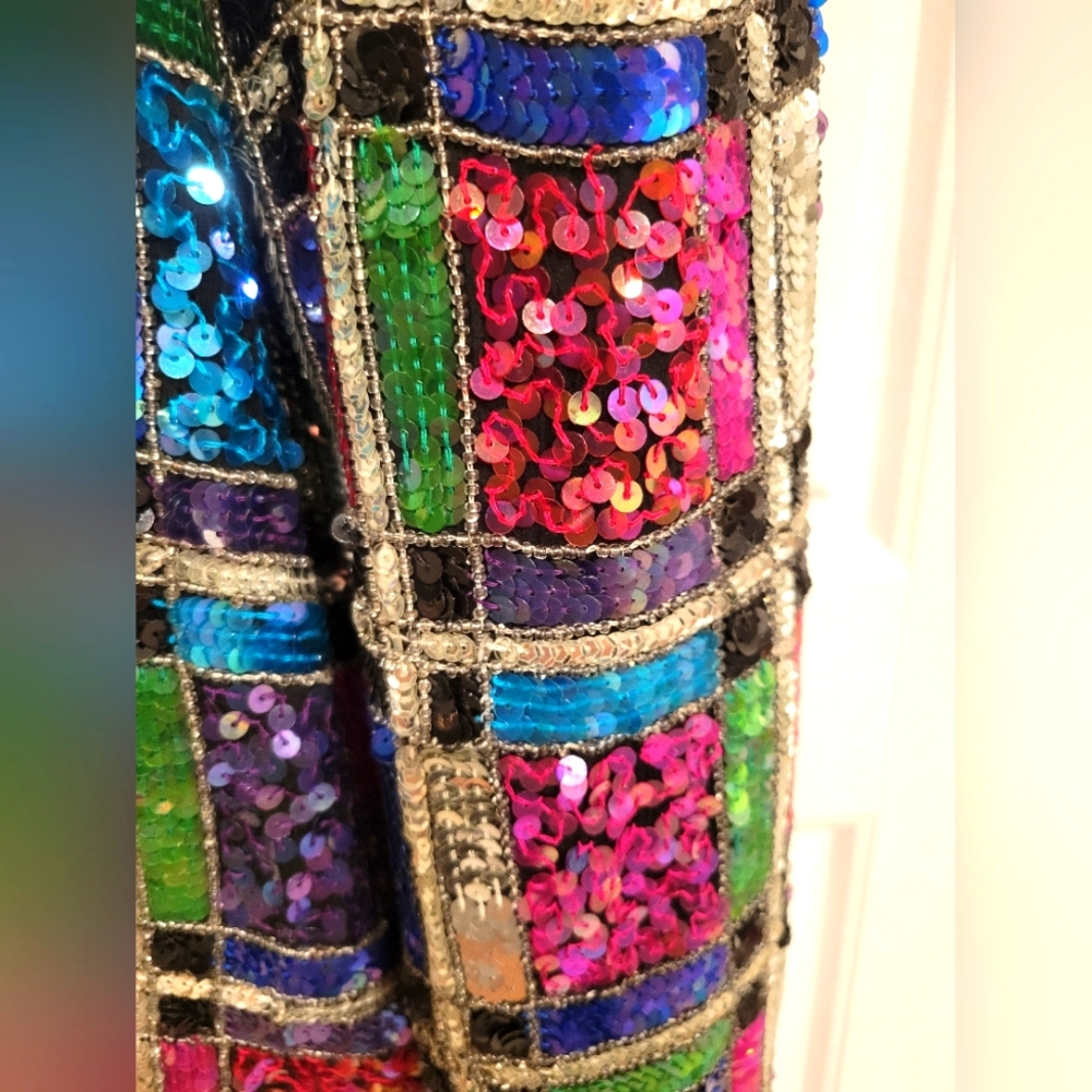VINTAGE 80'S LESLIE FAY RAINBOW SEQUIN EVENING JACKET SIZE LARGE PETITE - Picture 8 of 16